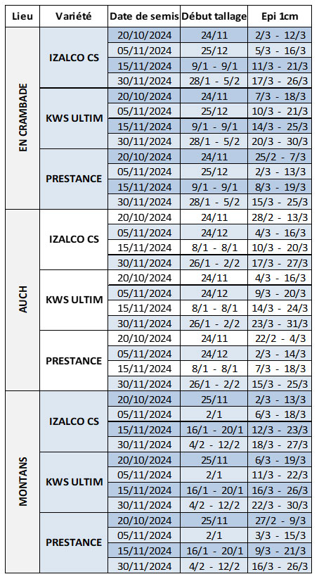 Tableau 2 : Dates prévisionnelles des stades début tallage et épi 1 cm en blé tendre selon la date de semis, la variété et la station