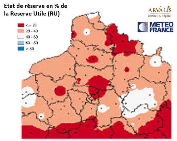Niveaux des réserves des sols estimés (sols et variétés adaptés localement) – Simulations au 3 mai 2022