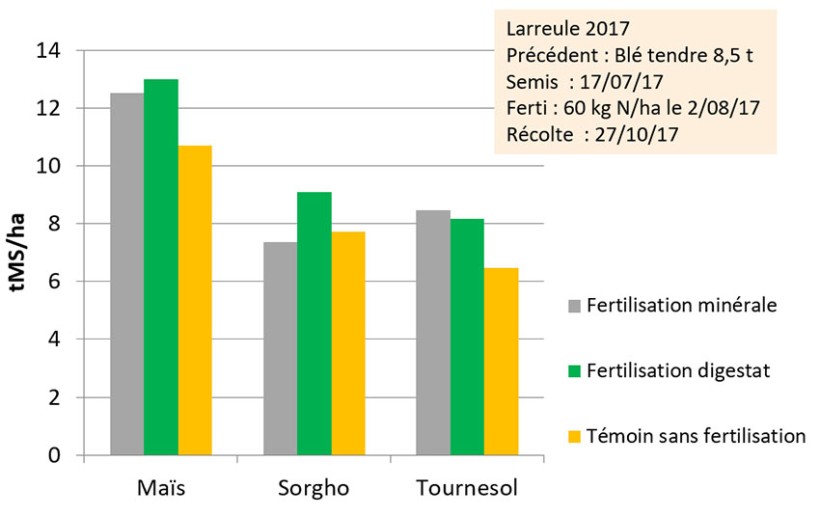 Figure 3 : Rendement de Cive d'été selon le régime de fertilisation azotée témoin sans azote, fertilisation minérale et digestat