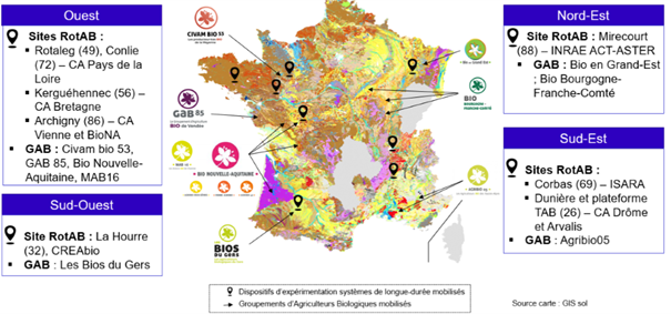 Figure 1 : Localisation des zones étudiées dans le projet QualiSolsBio  