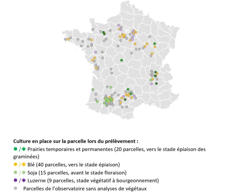 Répartition des parcelles de l‘Observatoire PhosphoBio ayant fait l’objet de prélèvements de végétaux 