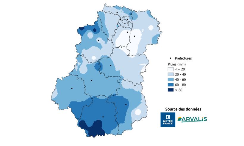 Carte 1 : Ecart de précipitations entre le 1er avril et le 15 mai 2024 par rapport à la médiane 20 ans