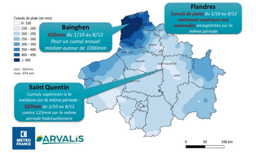 Carte 1 : Cumuls de pluie du 1er octobre au 8 décembre 2023