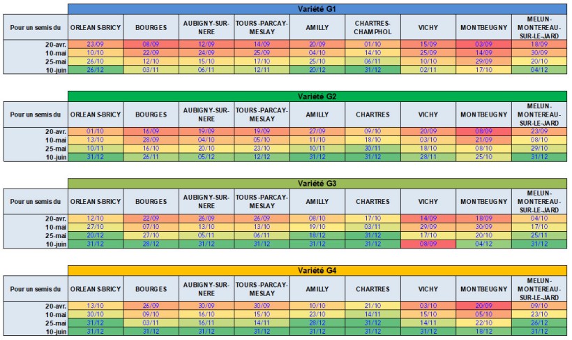 Tableaux 1 à 3 : Date d’arrivée à maturité physiologique (H32 %) – sommes de températures en base 6-30°C (données réelles +7 jours prévisionnelles puis fréquentielles basées sur la médiane 20 ans)