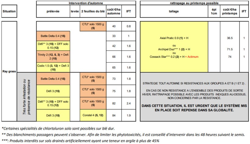 Figure 3 : Programmes de désherbage destinés aux parcelles de blé dur ayant de fortes infestations en ray-grass résistants