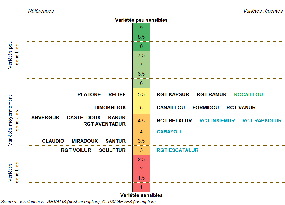 Figure 3 : Classement des variétés par rapport aux mycotoxines DON – synthèse nationale pluriannuelle (2005-2022)