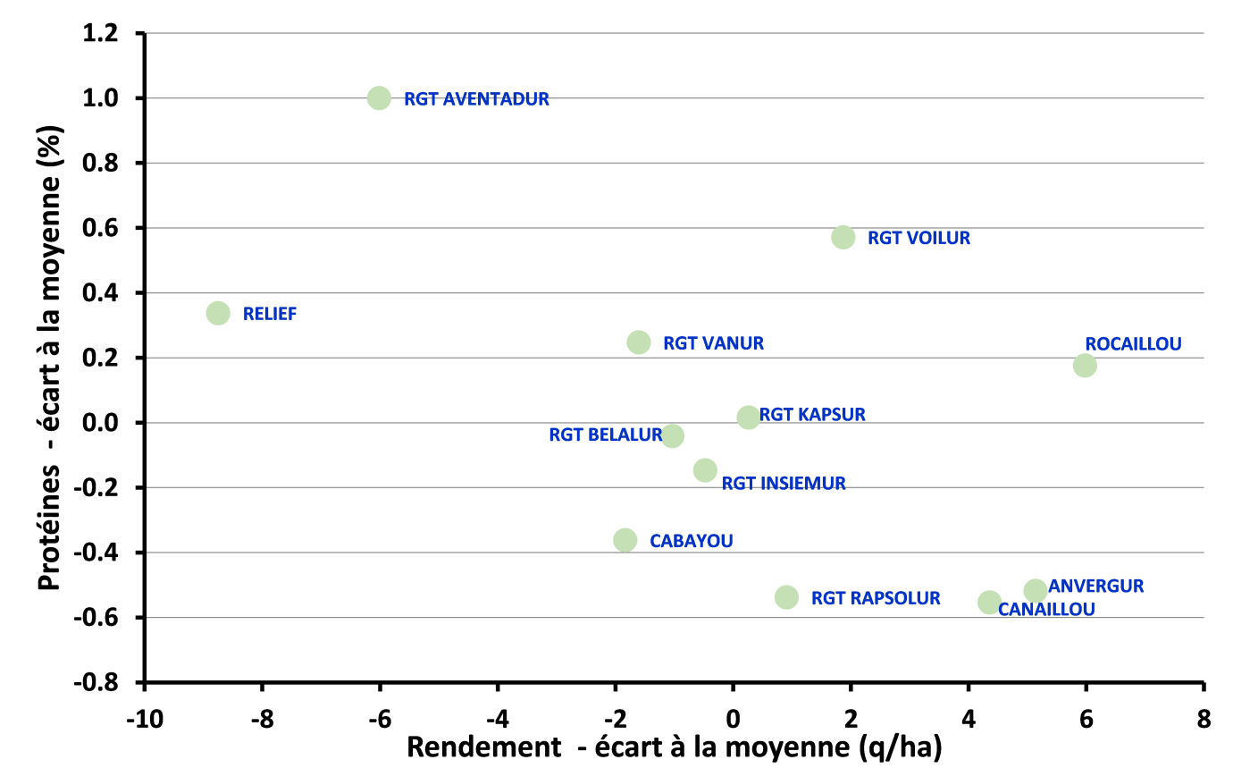 Figure 5 : Relation rendement/teneur en protéines en 2024 sur le réseau d’essais de Méditerranée-Rhône-Alpes