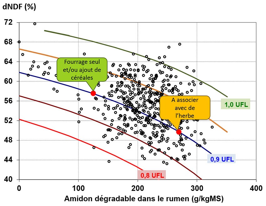 Figure 2 : Origine de l’énergie du maïs fourrage selon 2 axes : digestibilité des fibres NDF et amidon dégradable dans le rumen